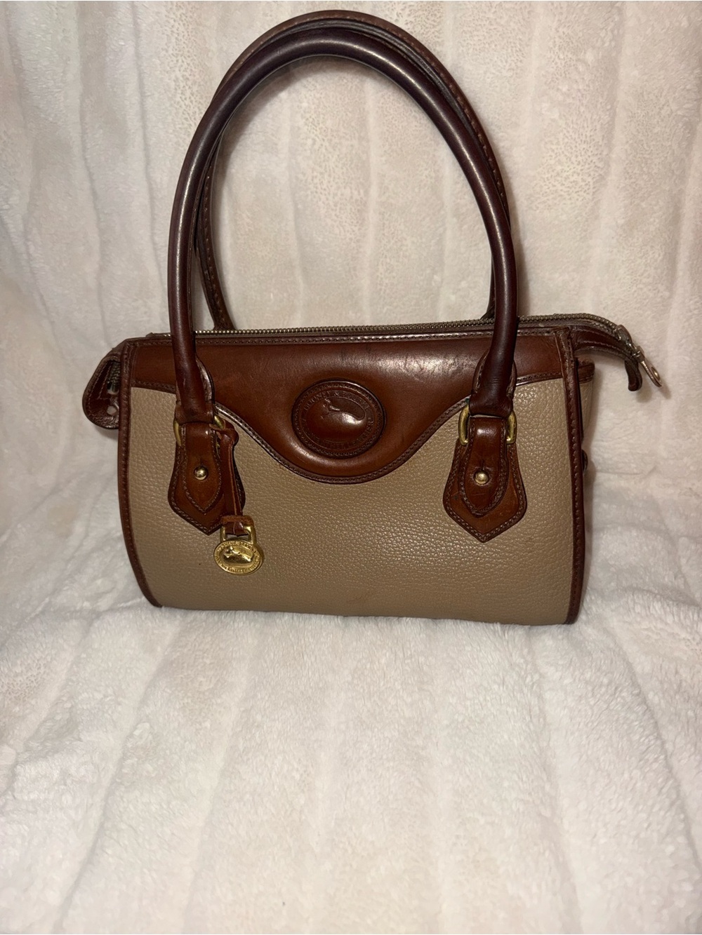 Dooney & Bourke Taupe Pebble Leather Satchel with Brown Trim